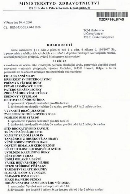 Schv�len� St�tn�m zdravotn�m �stavem (SZ�) a Ministerstvem zdravotnictv� �R o zdravotn� nez�vadnosti bylinn�ch tablet a kuli�ek WAN.
