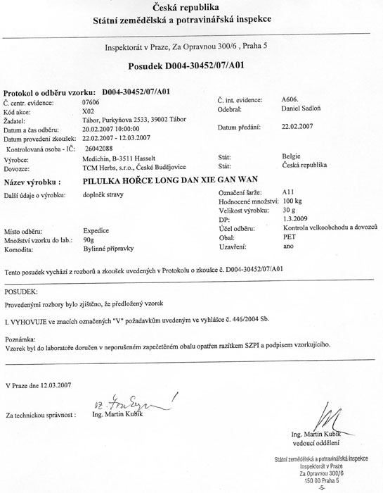 Vy�et�en� St�tn� zem�d�lskou a potravin��skou inspekc� (SZPI), potvrzuj�c� nep��tomnost kyseliny aristolochov� u Pilulky ho�ce - k�d 014